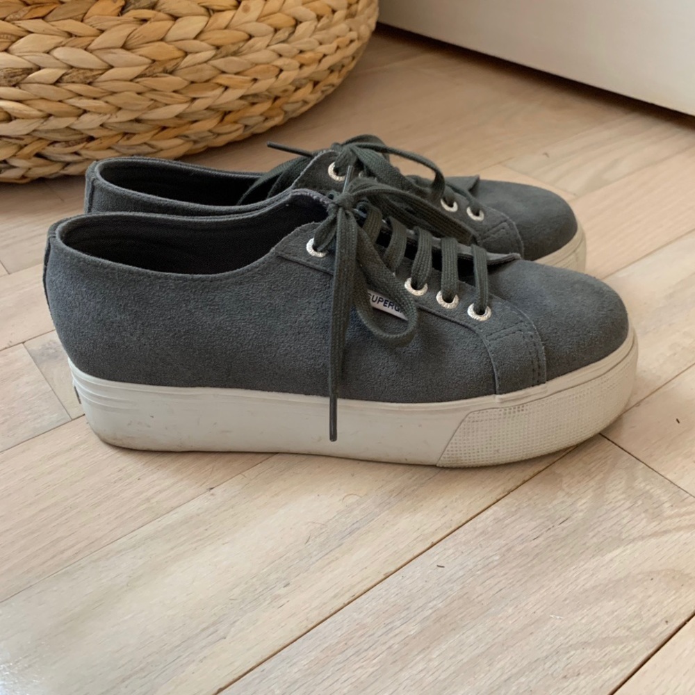 W8 Grey suede Superga platforms